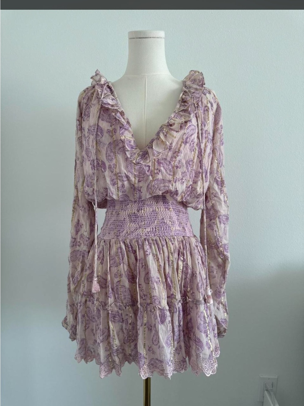HEMANT & NANDITA Lavender Paisley Long Sleeve Smocked Waist Mini Dress